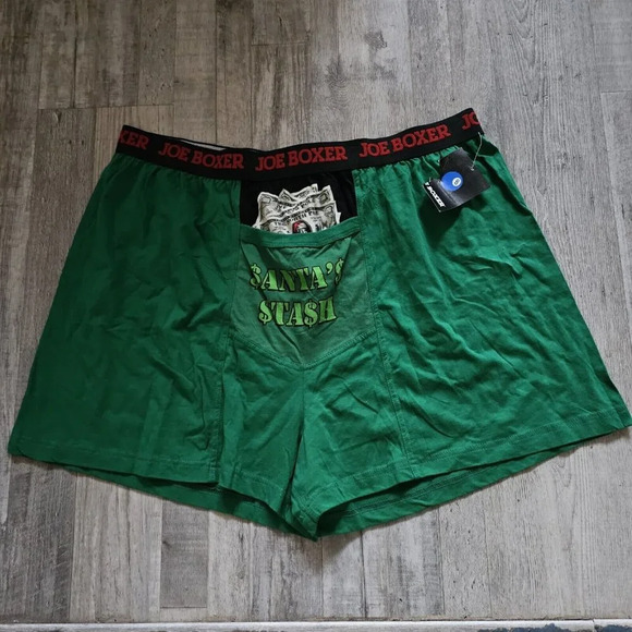 NWT MENS JOE BOXER Merry X-mas SANTA'$ $TA$H BOXER SHORTS SIZE XL Green FUN - Picture 1 of 7